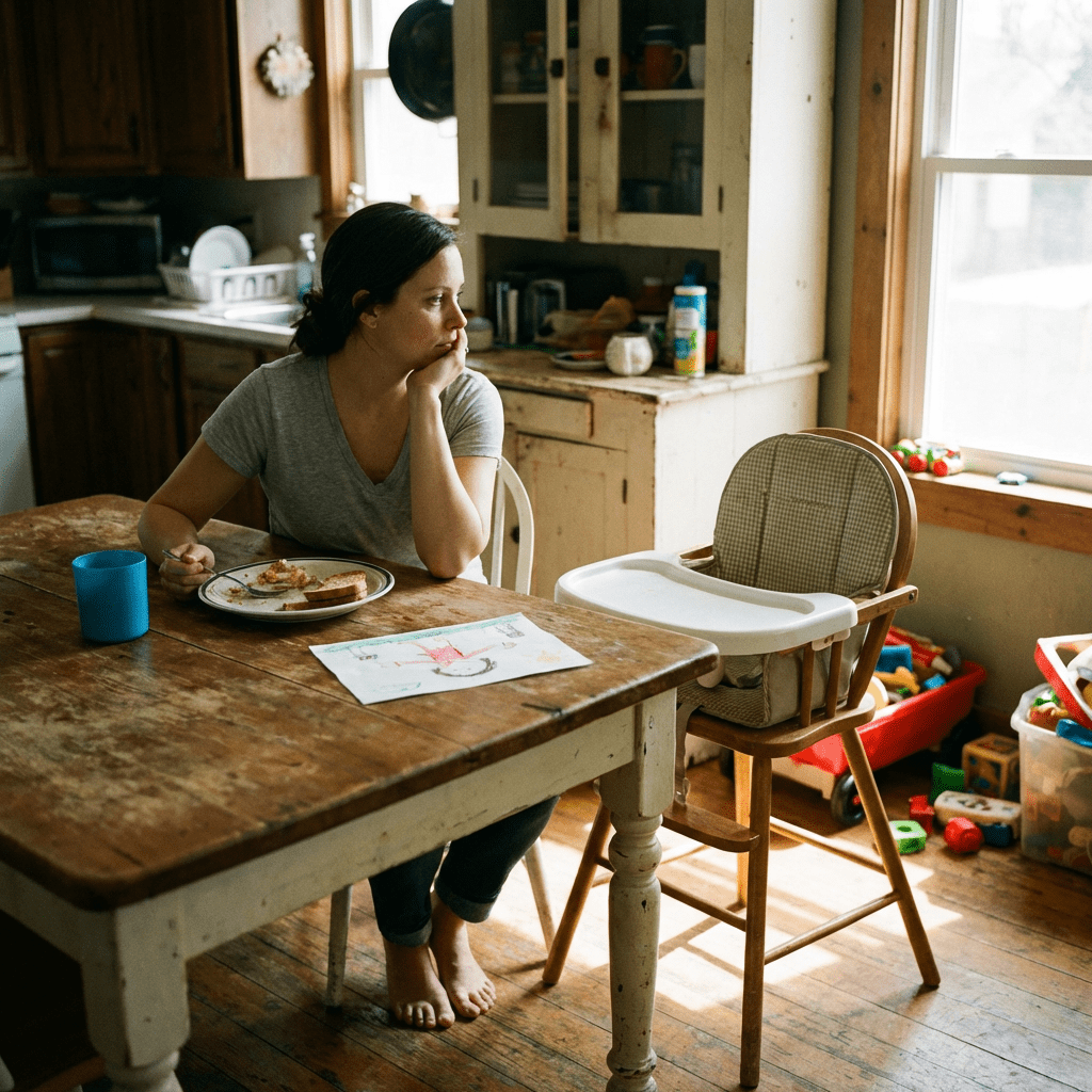 A woman sits pensively at a kitchen table next to an empty high chair.