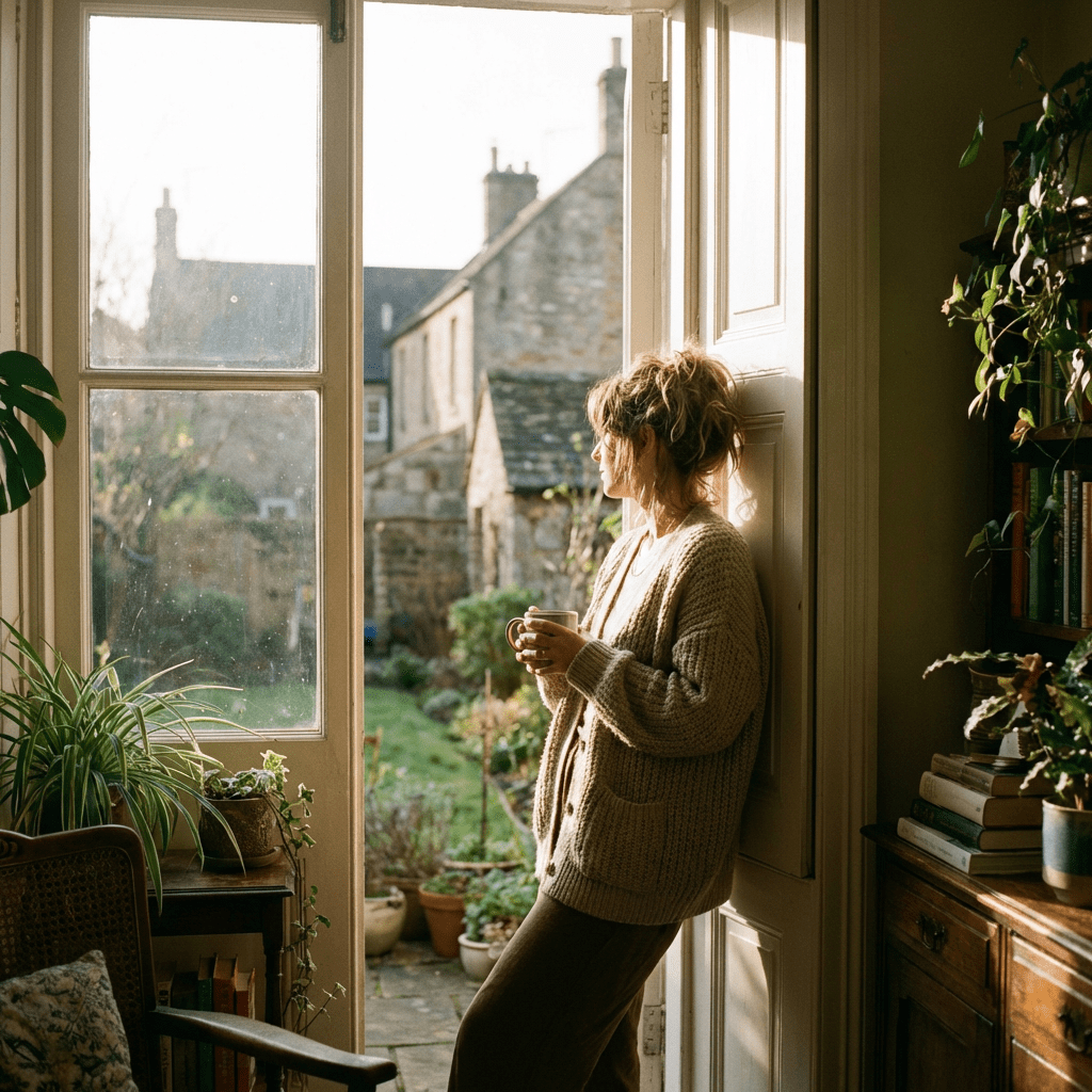 Woman in a knit cardigan holding a mug, looking out an open door at a garden.